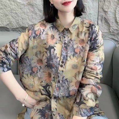 Loose Printed Lapel Button Down Cotton Shirt Top