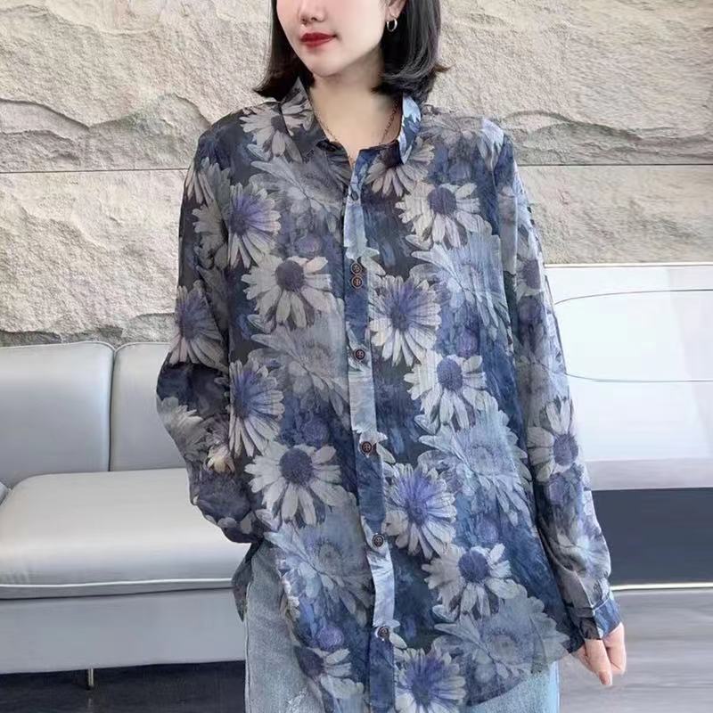 Loose Printed Lapel Button Down Cotton Shirt Top