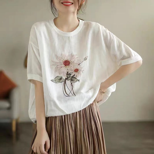 Loose Cotton Linen Printed Short Sleeve T-Shirt Top