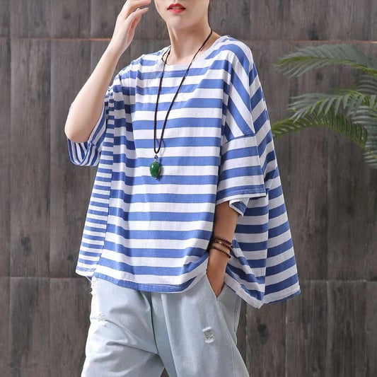 Loose Clashing Color Stripe Short Sleeve T-Shirt Top