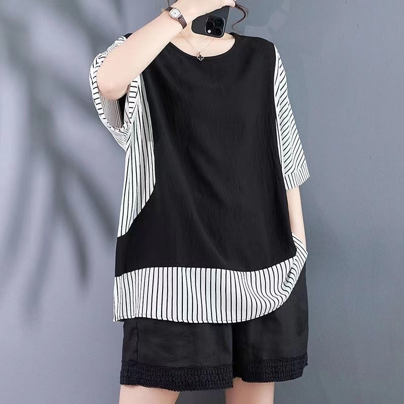 Loose Striped Patchwork Color Block Short Sleeve T-Shirt