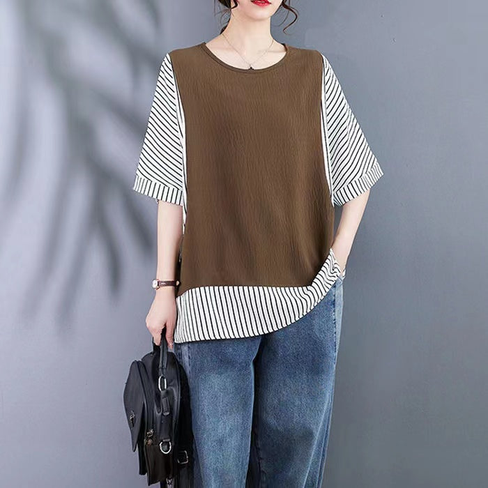 Loose Striped Patchwork Color Block Short Sleeve T-Shirt