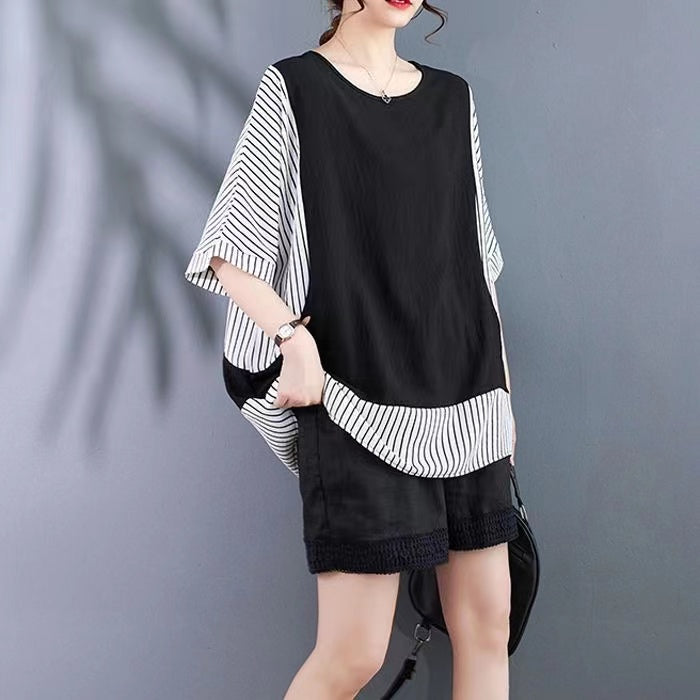 Loose Striped Patchwork Color Block Short Sleeve T-Shirt