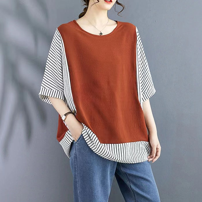 Loose Striped Patchwork Color Block Short Sleeve T-Shirt