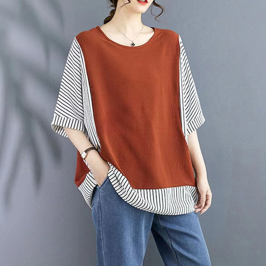 Loose Striped Patchwork Color Block Short Sleeve T-Shirt