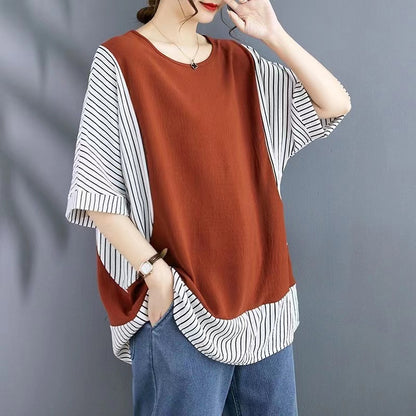 Loose Striped Patchwork Color Block Short Sleeve T-Shirt