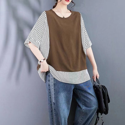 Loose Striped Patchwork Color Block Short Sleeve T-Shirt