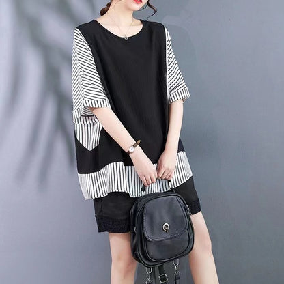 Loose Striped Patchwork Color Block Short Sleeve T-Shirt