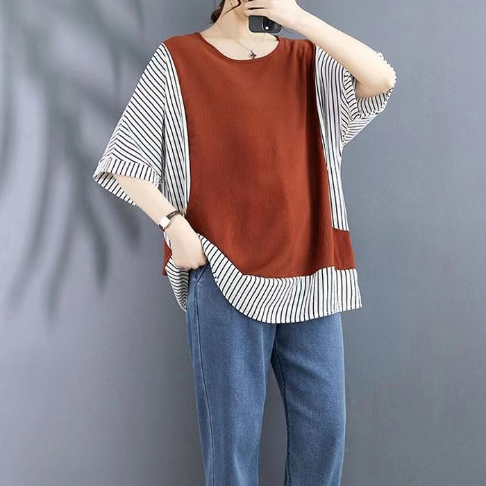 Loose Striped Patchwork Color Block Short Sleeve T-Shirt