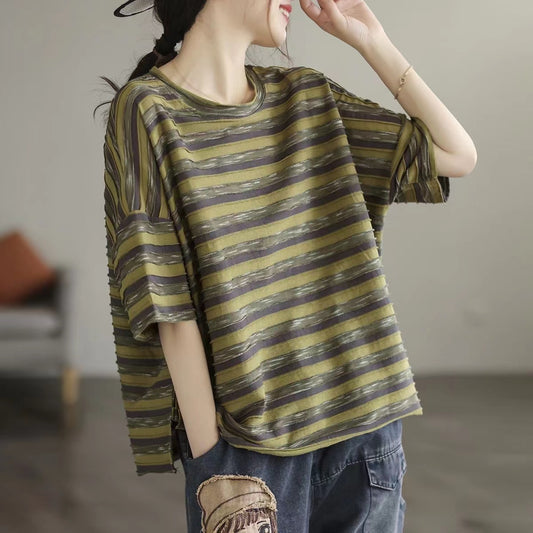 Loose Clashing Color Stripe Casual Short Sleeve T-Shirt Top