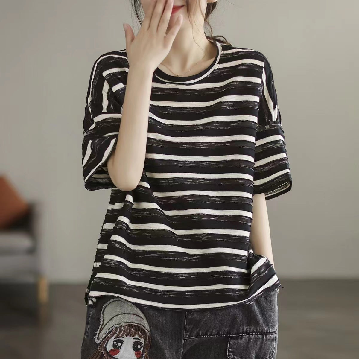 Loose Clashing Color Stripe Casual Short Sleeve T-Shirt Top