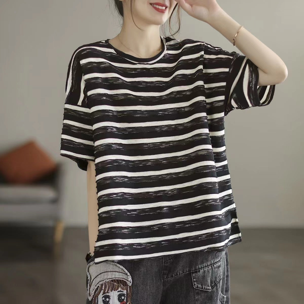 Loose Clashing Color Stripe Casual Short Sleeve T-Shirt Top