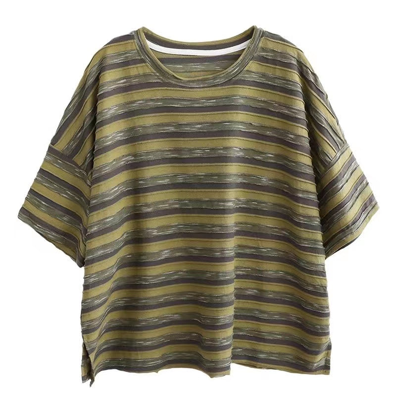 Loose Clashing Color Stripe Casual Short Sleeve T-Shirt Top