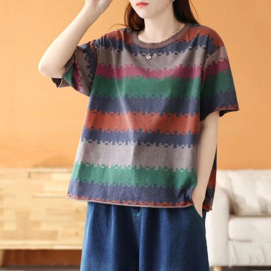 Colorblocked Striped Rolled Hem Casual Short Sleeve T-Shirt Top