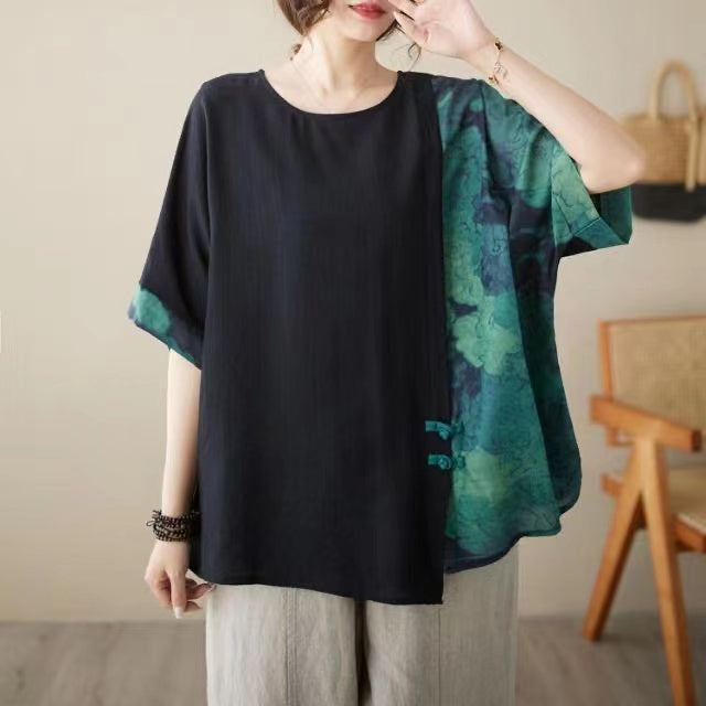 Black Printed Patchwork Short Sleeve Casual T-Shirt Top