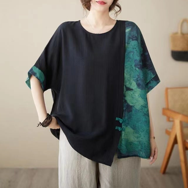 Black Printed Patchwork Short Sleeve Casual T-Shirt Top