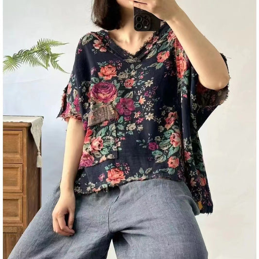 Vintage Casual Floral Print V-Neck Short Sleeve T-Shirt Top