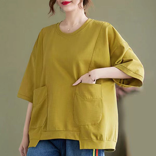 Simple Irregular Hem Round Neck Short Sleeve T-Shirt Top