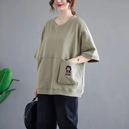 Embroidered Pocket Round Neck Short Sleeve T-Shirt Top