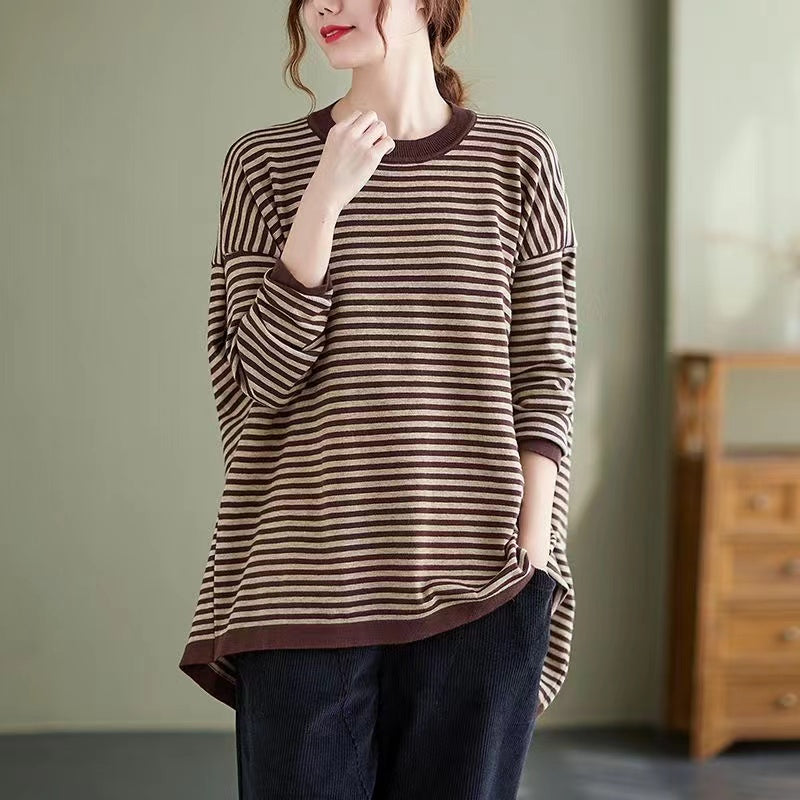 Loose Clashing Stripes Peplum Long Sleeve Round Neck T-Shirt Top