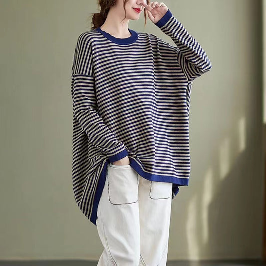 Loose Clashing Stripes Peplum Long Sleeve Round Neck T-Shirt Top