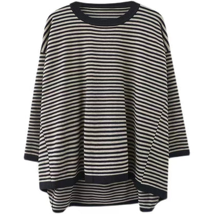 Loose Clashing Stripes Peplum Long Sleeve Round Neck T-Shirt Top