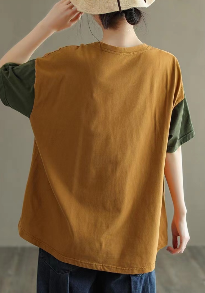 Chinese Style Color Collision Round Neck Short Sleeve T-Shirt Top