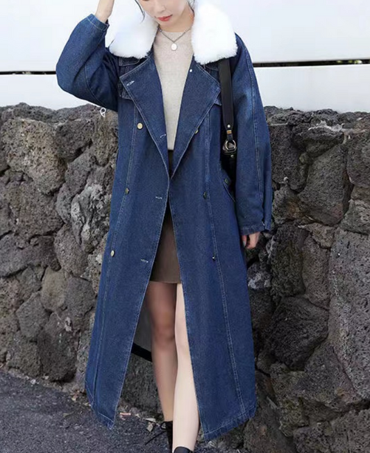 French Navy Hair Collar Thickened Long Denim Jacket