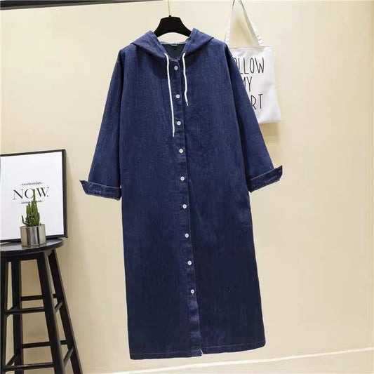 Hooded Drawstring Cardigan Long Denim Jacket