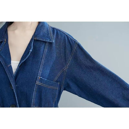 French Pocket Blazer Collar Mid-Length Denim Jacket