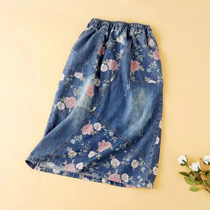 Printed Patchwork Elasticized Mid-Waist A-Line Denim Skirt