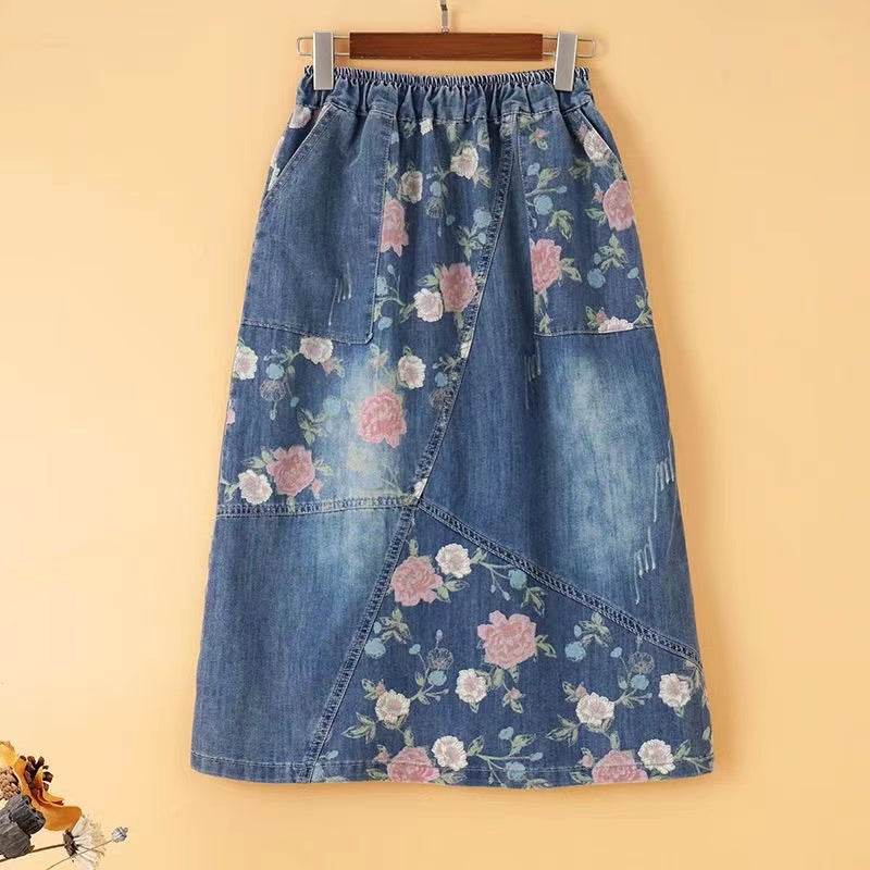 Printed Patchwork Elasticized Mid-Waist A-Line Denim Skirt