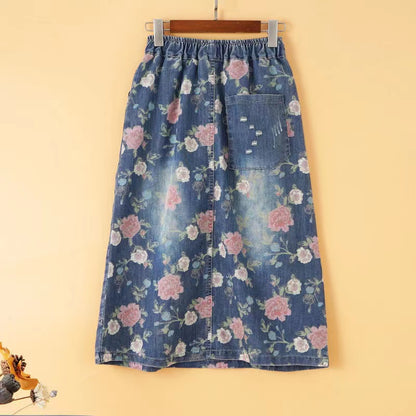 Printed Patchwork Elasticized Mid-Waist A-Line Denim Skirt