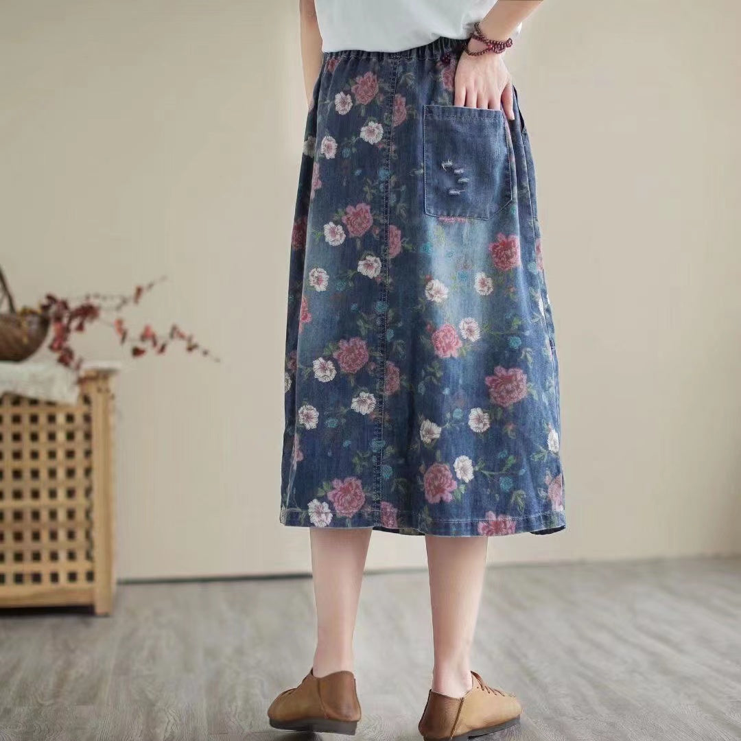 Printed Patchwork Elasticized Mid-Waist A-Line Denim Skirt