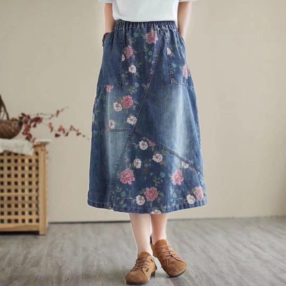 Printed Patchwork Elasticized Mid-Waist A-Line Denim Skirt