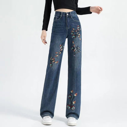 Vintage Embroidered Floral Straight Leg Denim Trousers