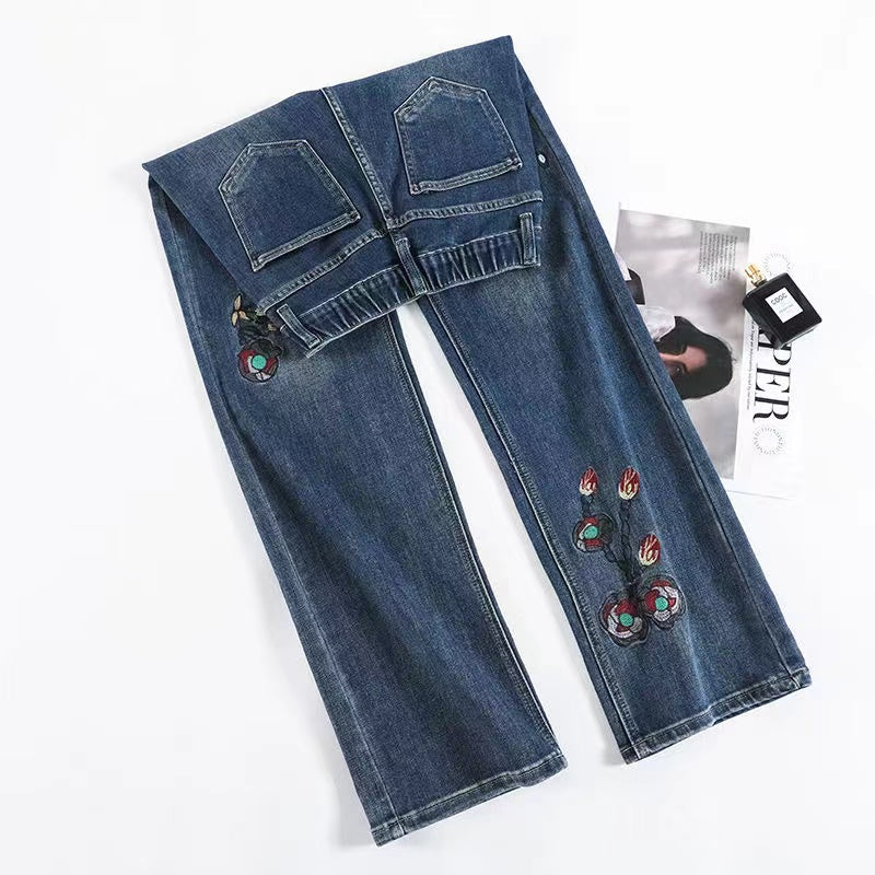 Vintage Embroidered Floral Straight Leg Denim Trousers