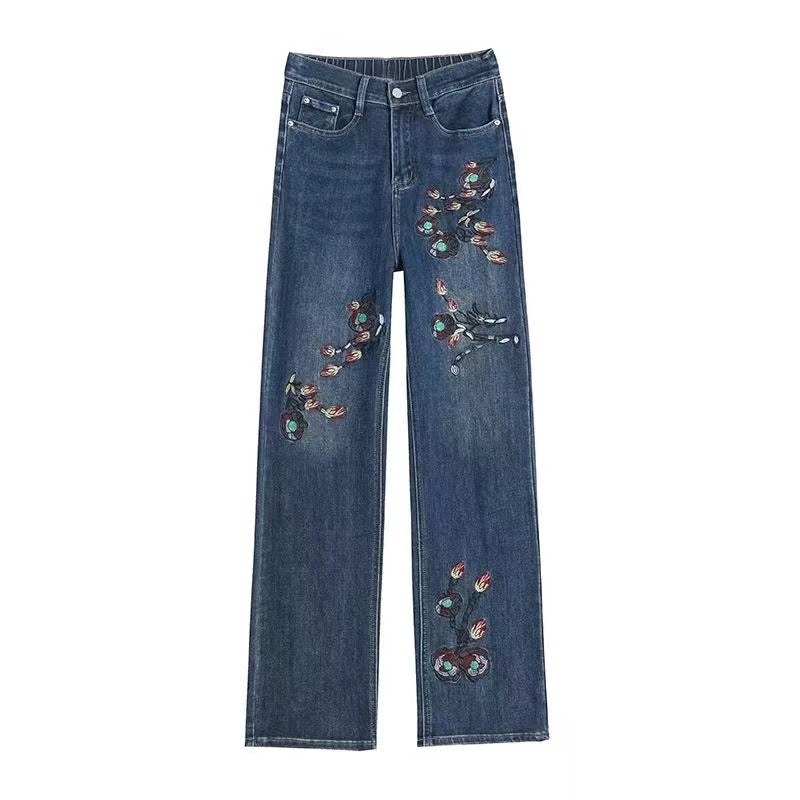 Vintage Embroidered Floral Straight Leg Denim Trousers