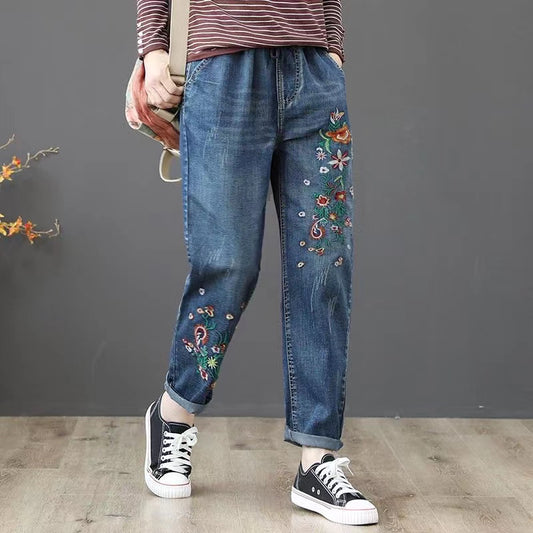 Vintage Embroidered Floral Elastic Waist Haren Jeans