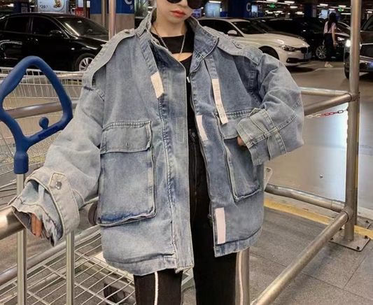 Oversized Pocket Lace-Up Denim Jacket Blue