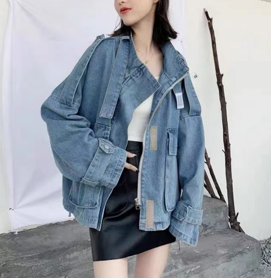 Casual Blue Oversized Pocket Lace Up Denim Jacket