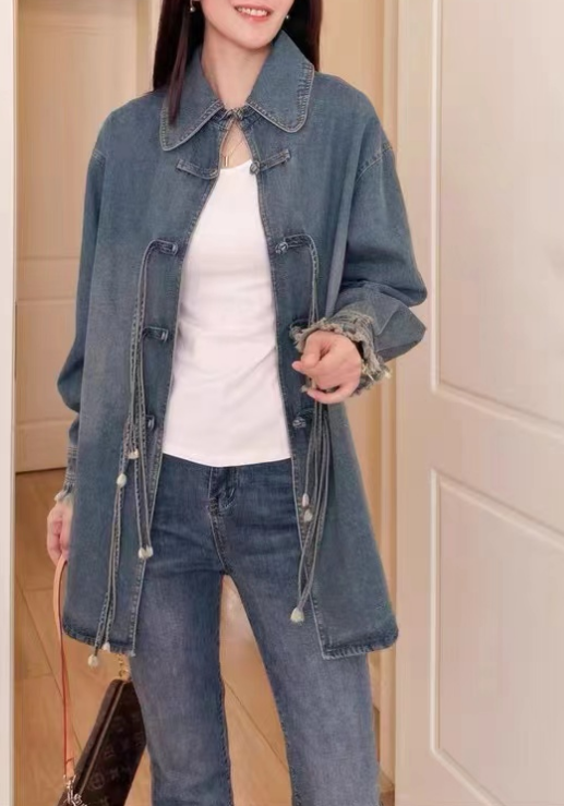 Fringed Chinese Buttoned Edge Worn Denim Jacket Blue