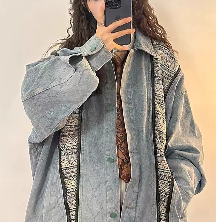 Stylish zipper geometric print patchwork denim jacket