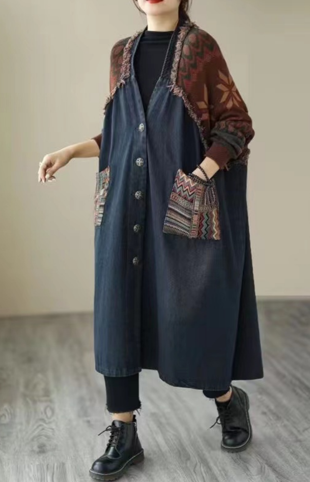 Plus Size Patchwork Pocket Button Long Sleeve Denim Patchwork