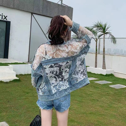 Lace Tulle Patchwork Denim Jacket Blue