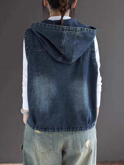 Blue Denim Zip Pocket Sleeveless Denim Vest