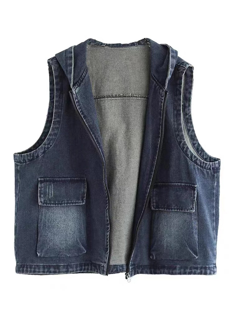 Blue Denim Zip Pocket Sleeveless Denim Vest