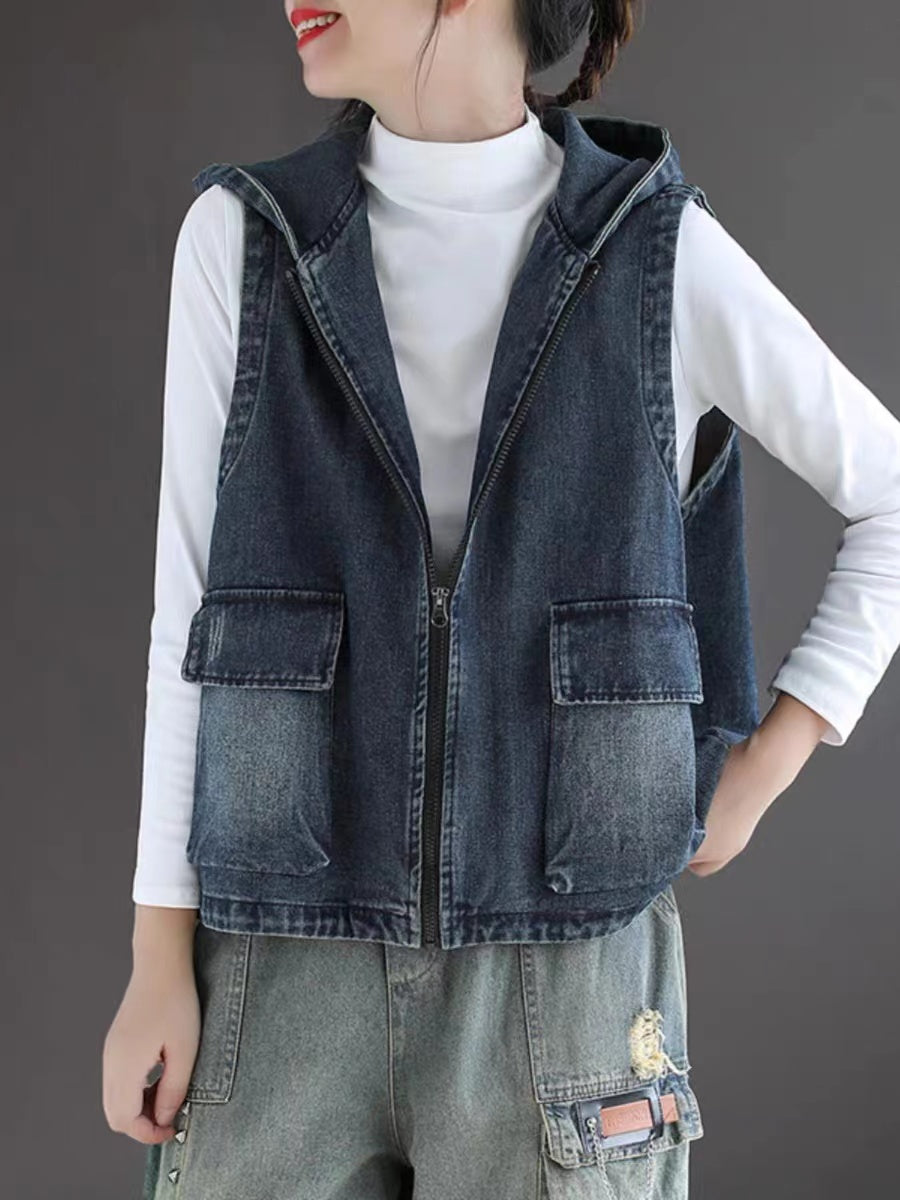 Blue Denim Zip Pocket Sleeveless Denim Vest