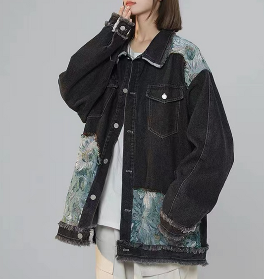 Loose Fit Spliced Lapel Pocket Denim Jacket