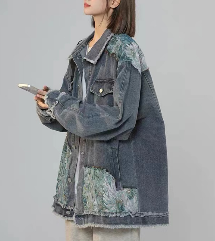 Loose Fit Spliced Lapel Pocket Denim Jacket